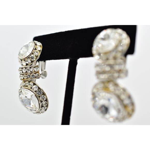 Vintage Crystal Clip On Earrings Rhinestone Drop Shiny Channel Chunky 1980s 9H - Picture 3 of 12